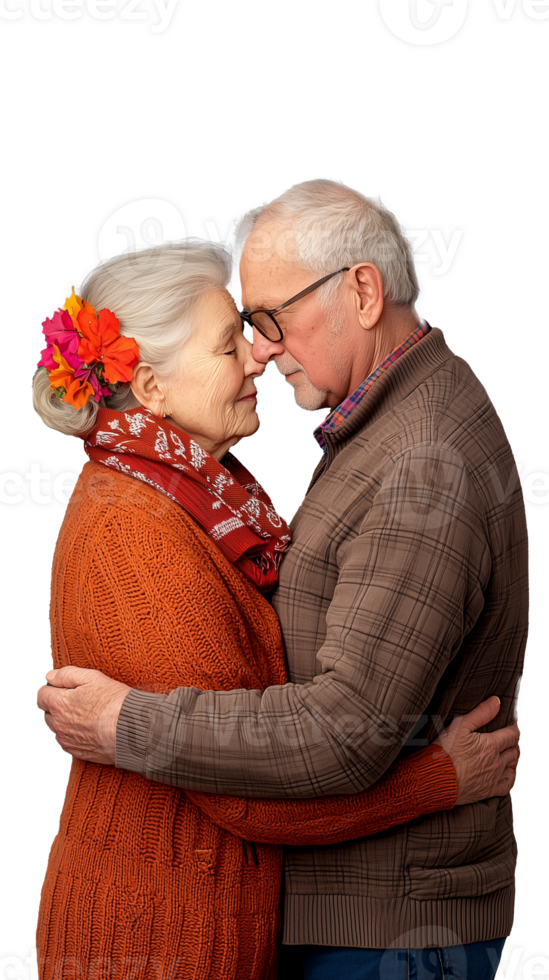 Elderly couple embracing with love and affection on transparent background png