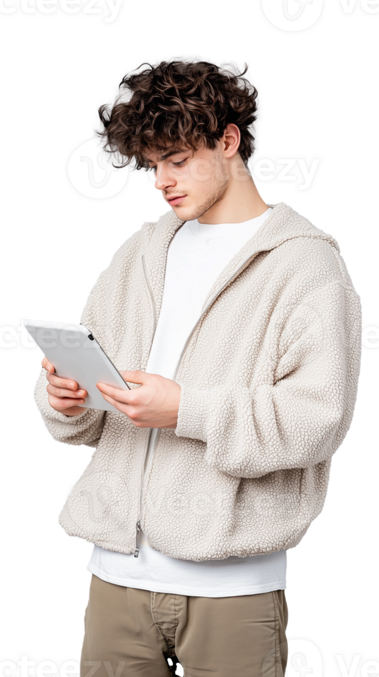 Young man using tablet device while wearing cozy jacket on transparent background png