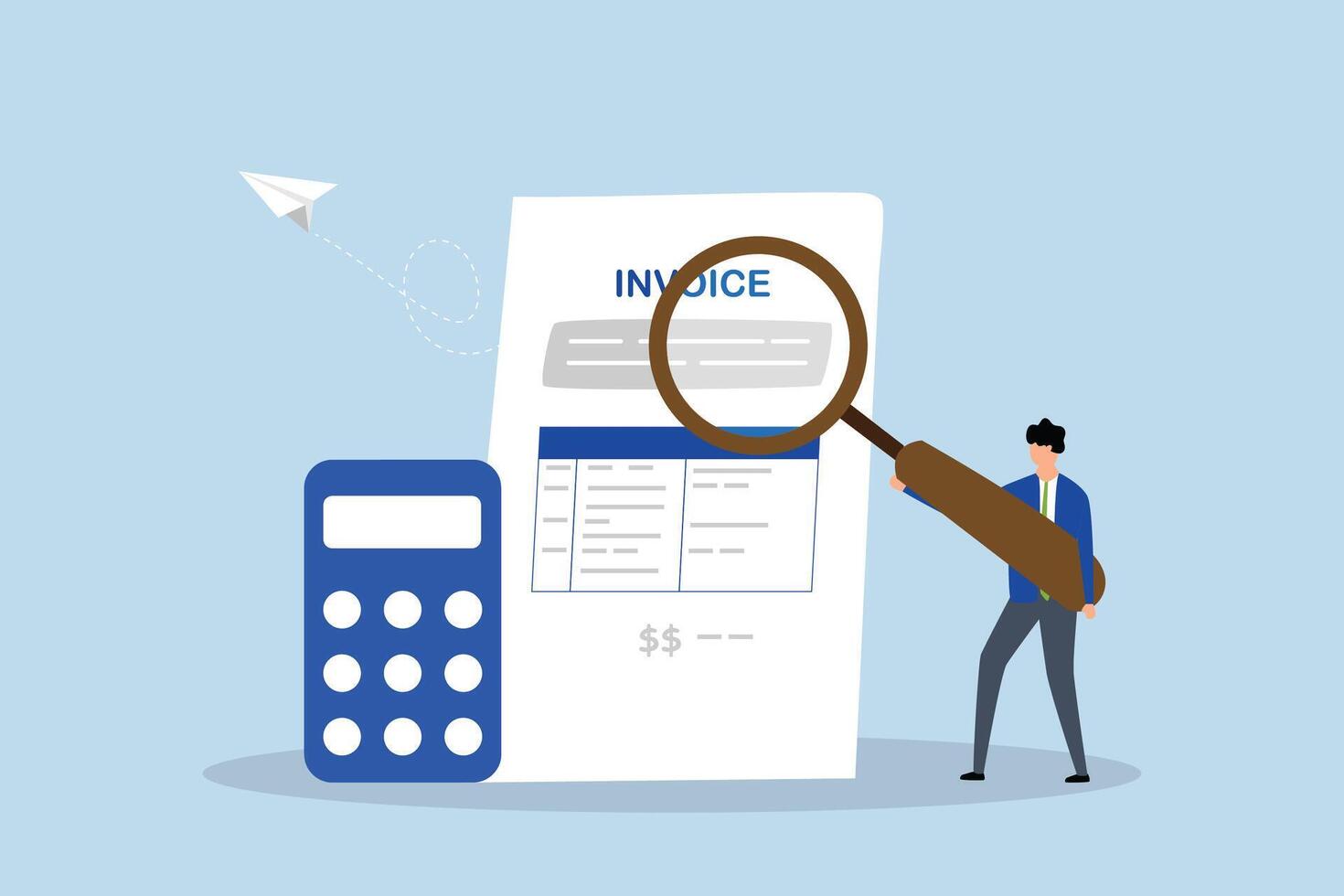 Invoice, businessman holding magnifier on invoice document. vector