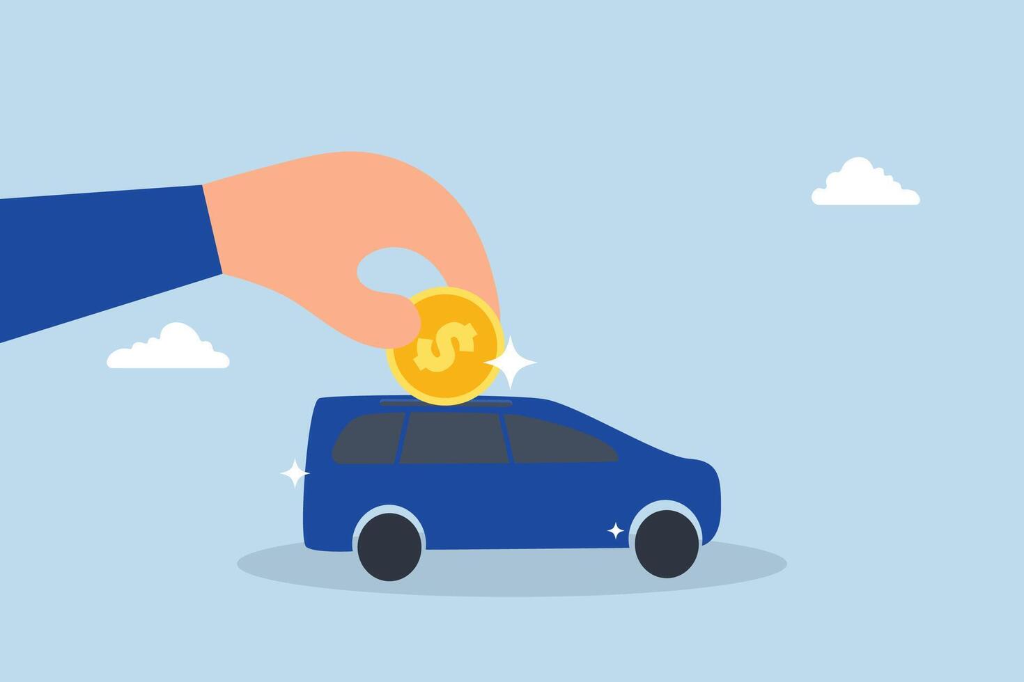 Car leasing, entrepreneur hand proprietor place dollar currency coin into new vehicle. vector