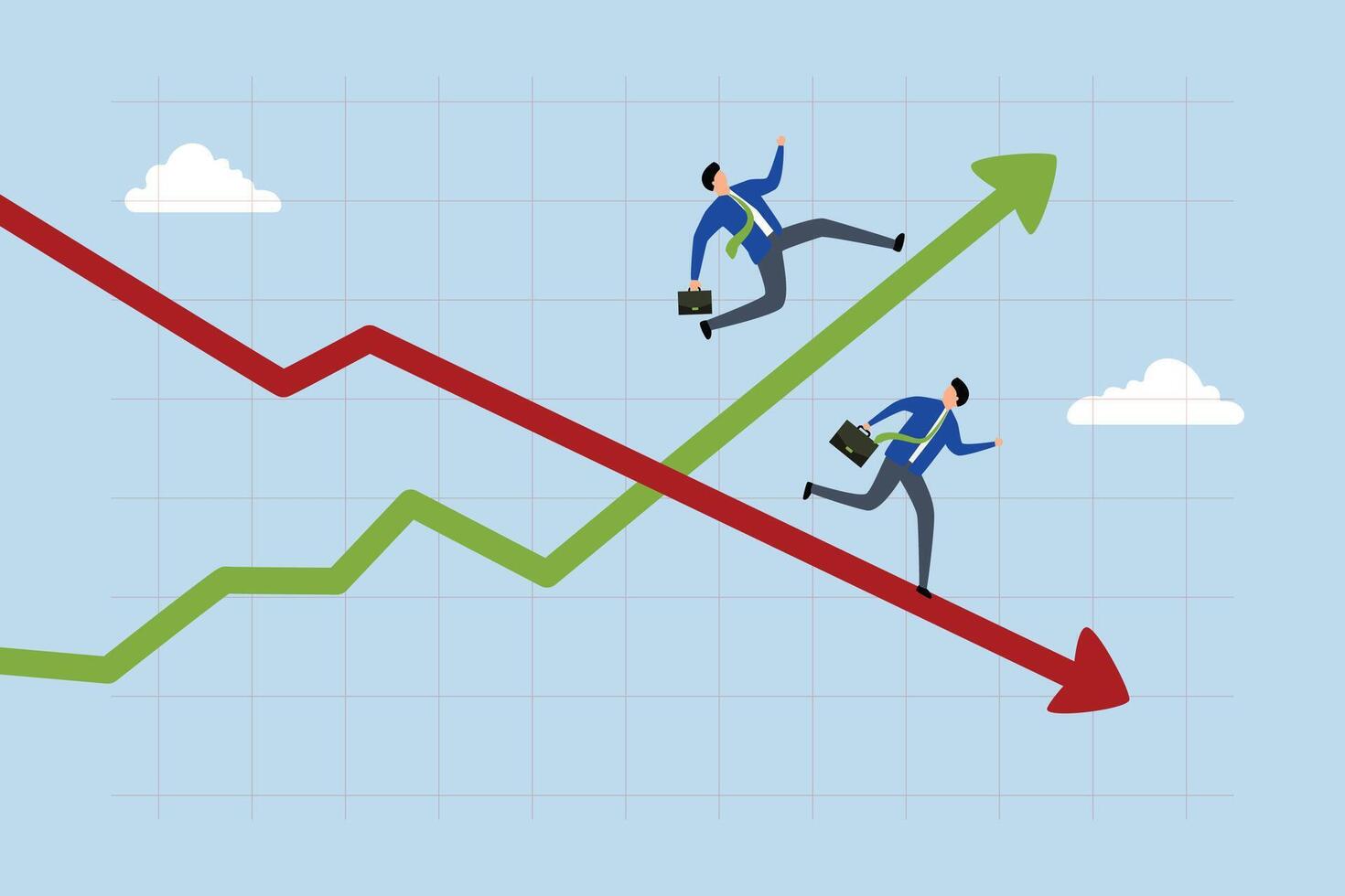 Profit and loss, entrepreneur sprinting on ascending growth chart and descending recession graph. vector