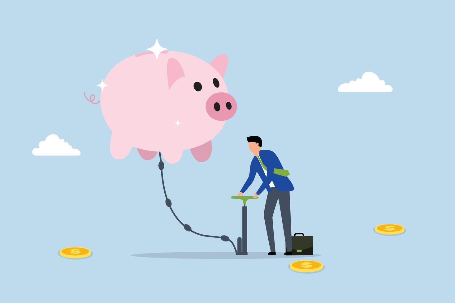 investment growth, businessman inflate piggy bank to be bigger. vector