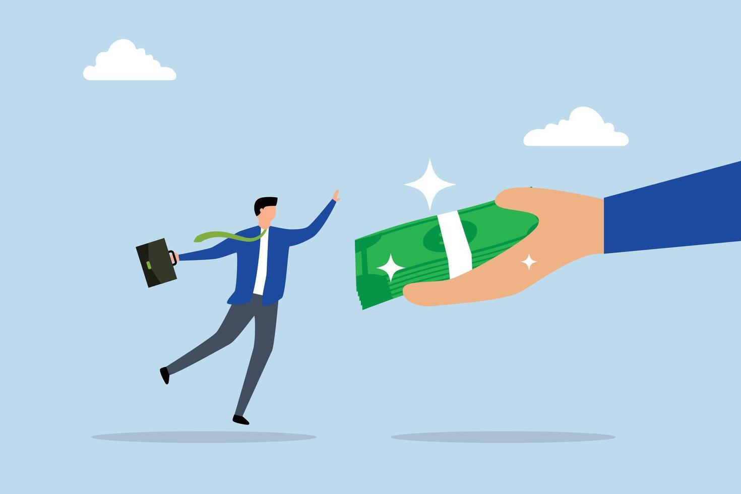 Getting paid, Businessman hand handing a banknote to a joyful employee. vector