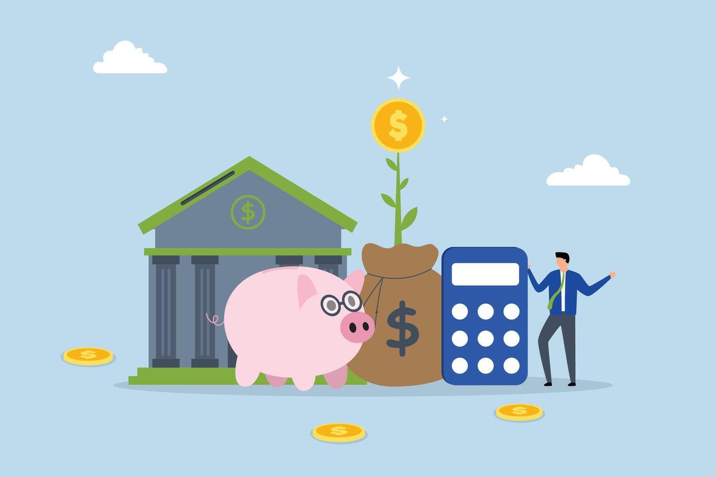 financial planning professional, businessman financial advisor with a savings pig and a money sack. vector