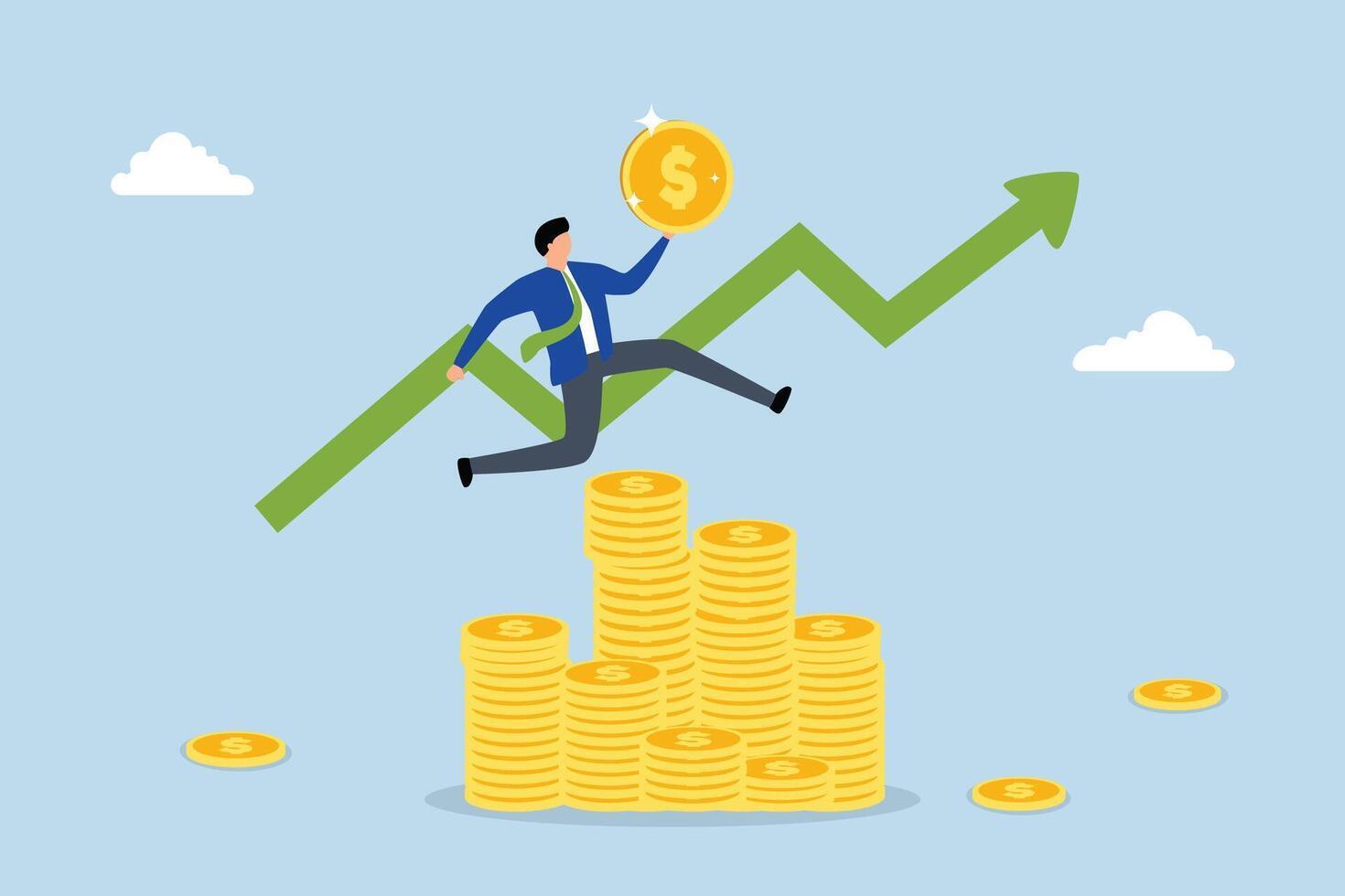 Success investing, wealthy businessman leaps atop a pile of coins with an upward trend chart. vector