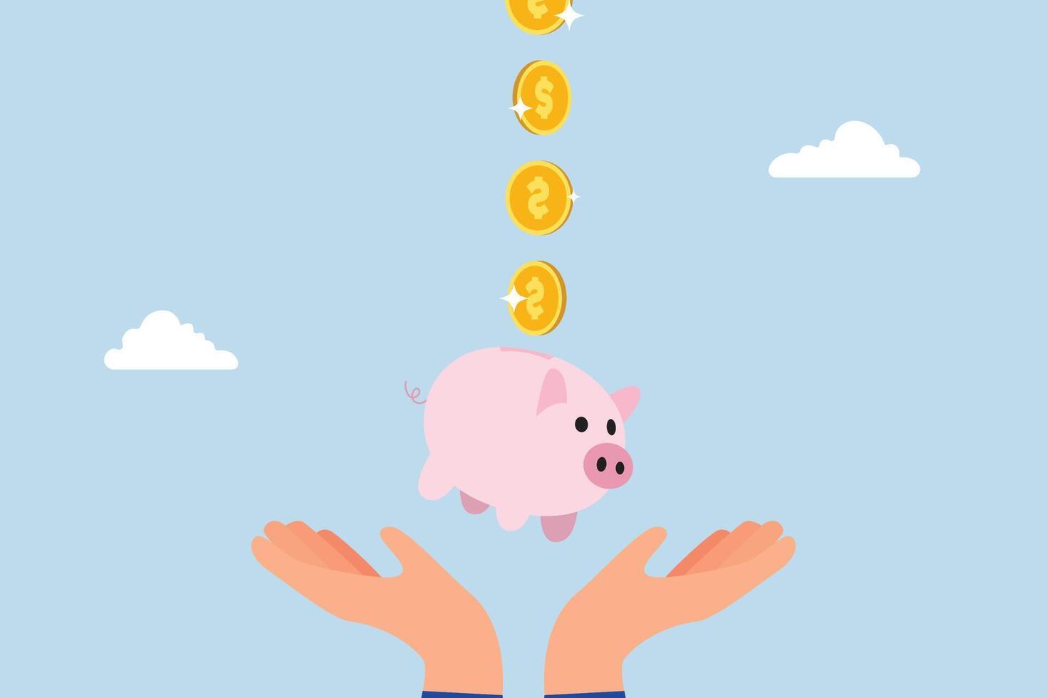 Frugality, coins in dollars fall into a hand grasping a piggy bank. vector