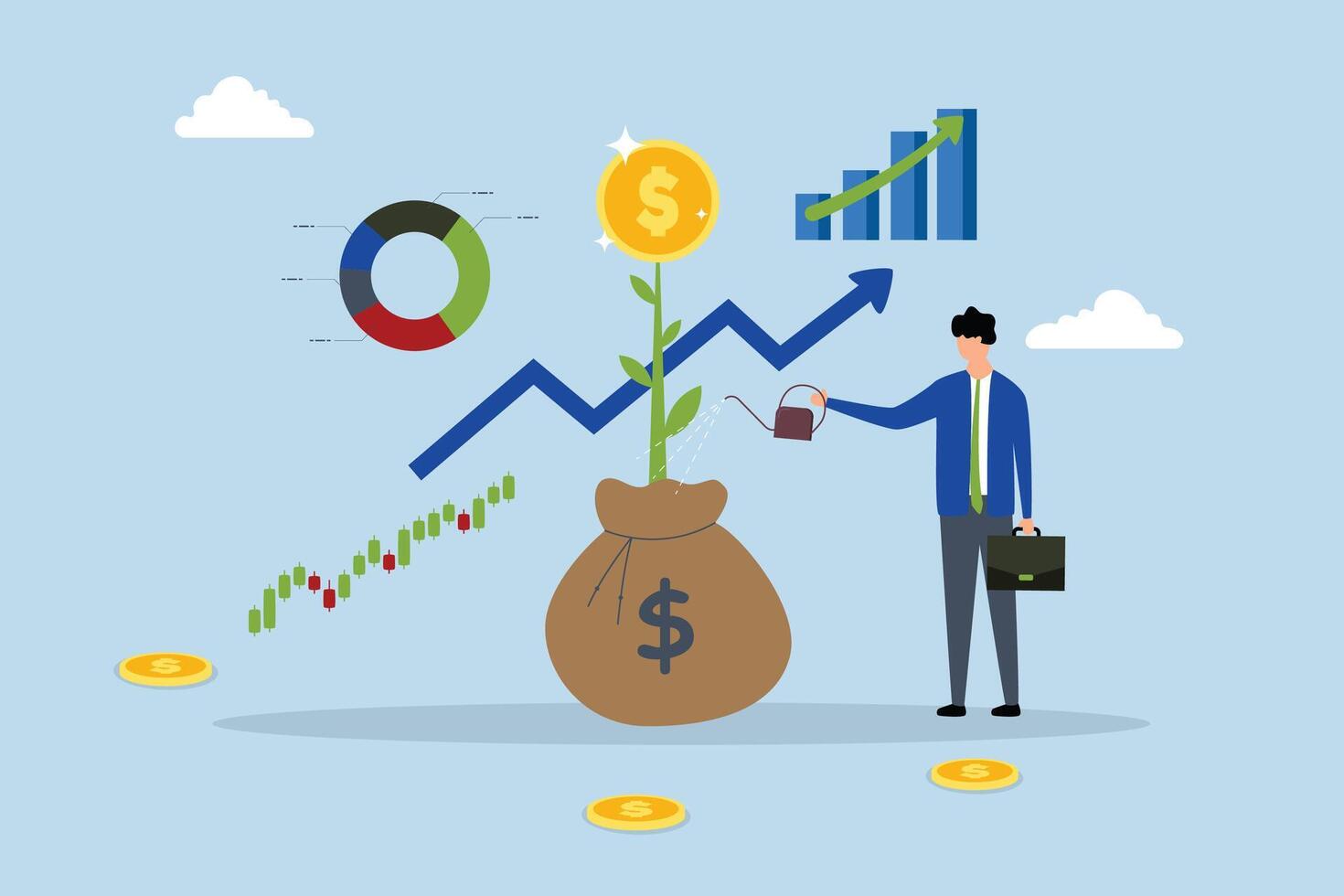 Investment growth, entrepreneur nurturing cash with an increasing financial graph. vector