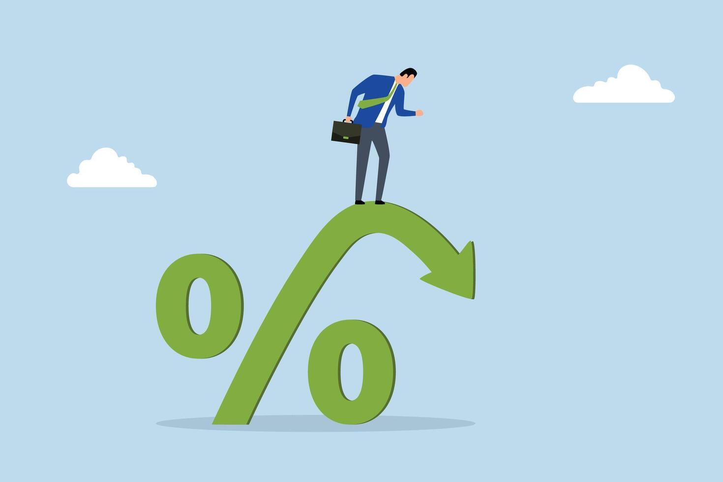 interest rate falling down, businessman on percentage sign with falling down. vector