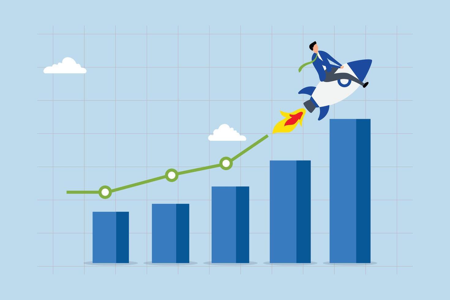 Business growth, businessman traveling on a rocket along growth chart vector