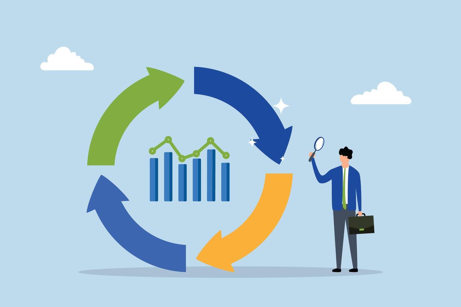 Economic cycle to study up and down on stock market, businessman with magnifier on economic cycle diagram. vector