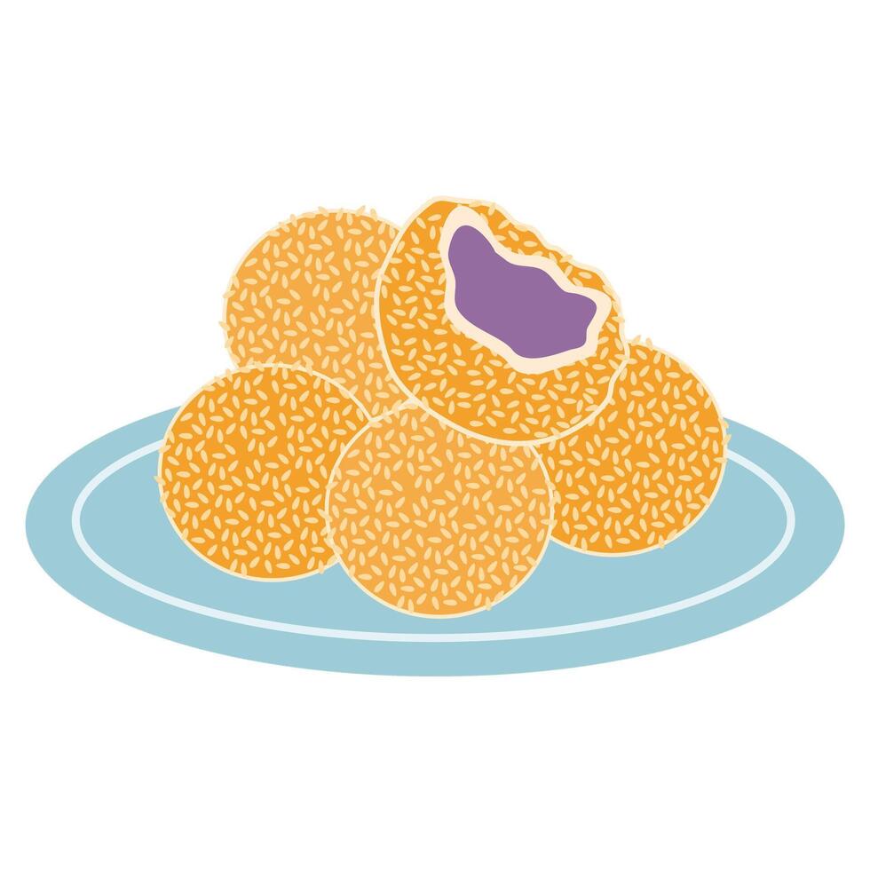 sesame seeds Fried Sticky Rice Balls with Ube Filling Buchi vector