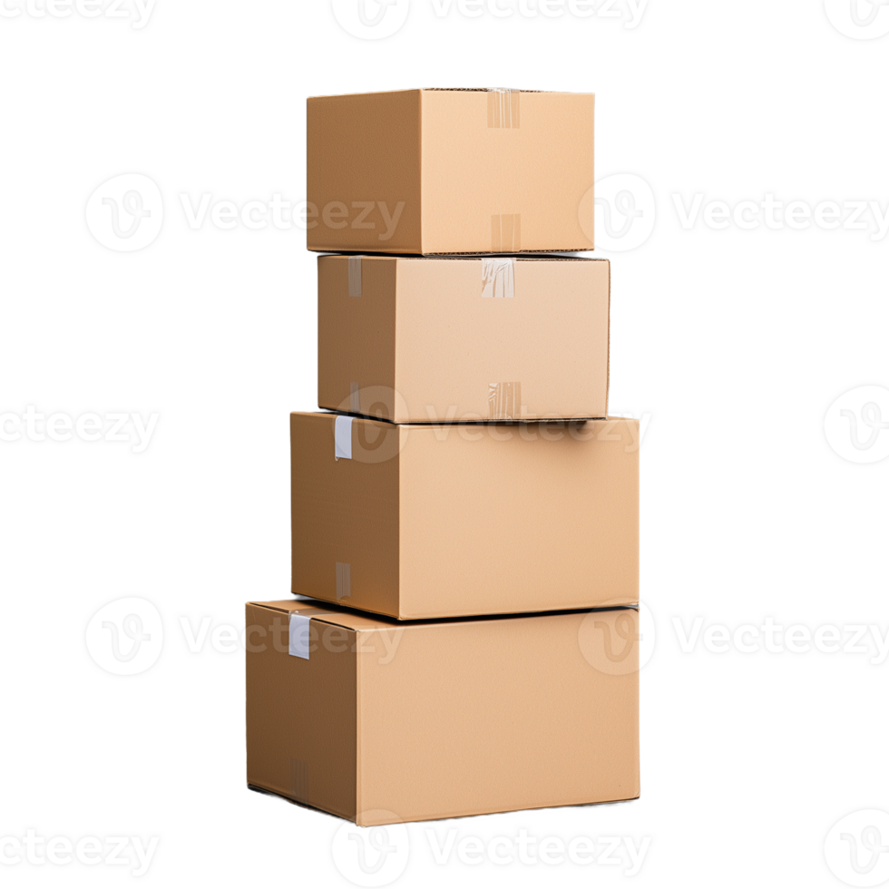 Stacked cardboard boxes in various sizes on transparent background png