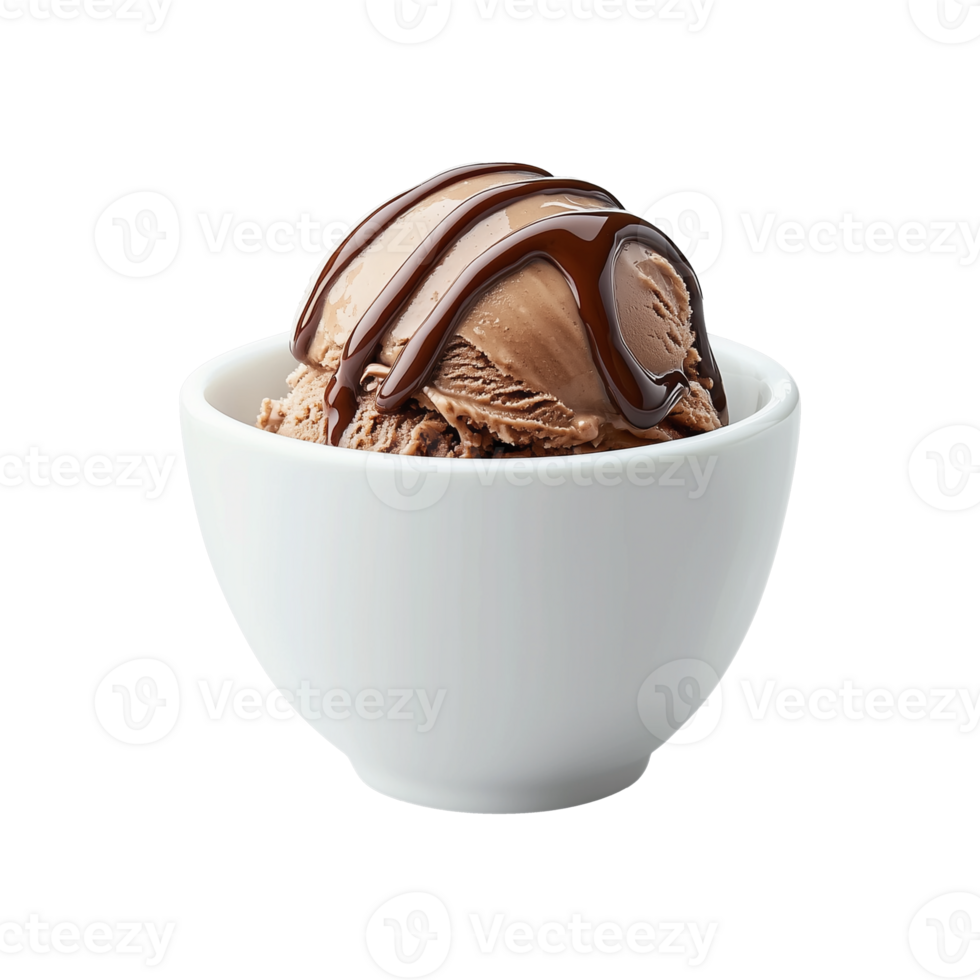 Chocolate ice cream scoop with chocolate drizzle on transparent background png