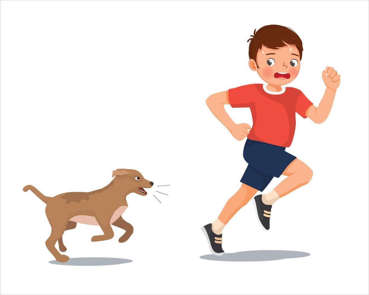 Cute little boy running scared chased by barking dog vector