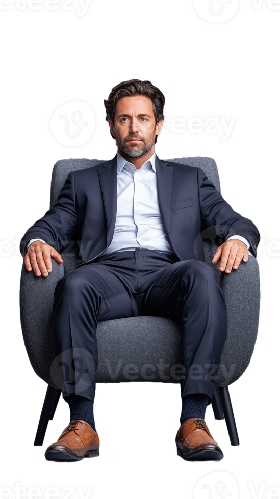 Professional man seated in stylish armchair with confident posture on transparent background png