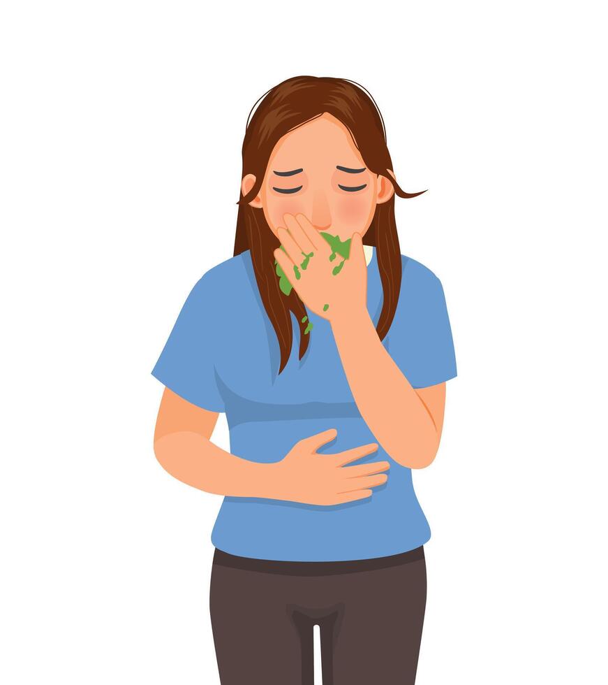 Sick young woman vomiting having nausea and stomach pain vector