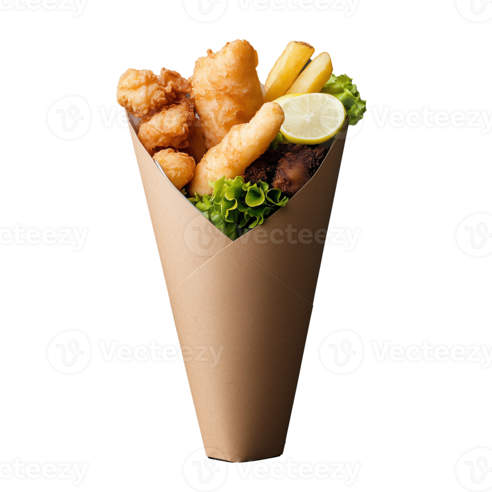 Crispy fried seafood and chips in a paper cone on transparent background png