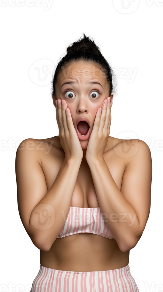 Surprised woman with hands on face expressing shock on transparent background png