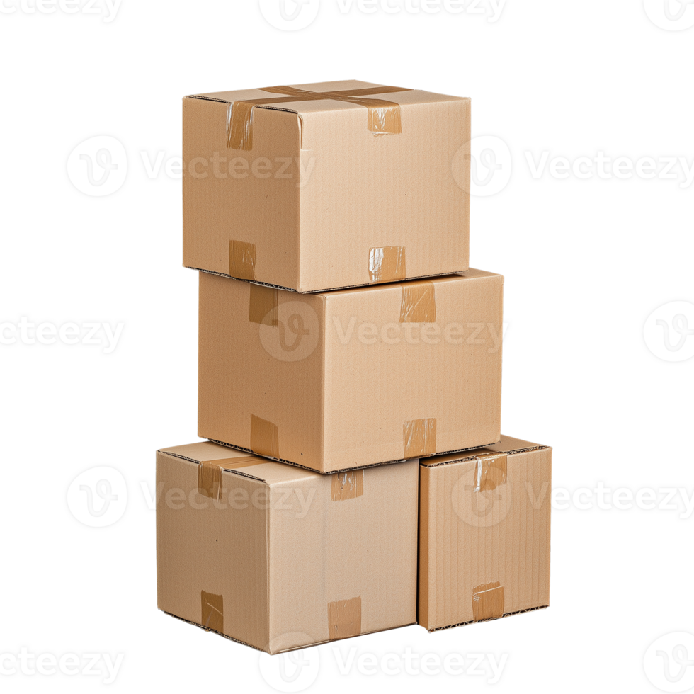 Stacked cardboard boxes with tape on transparent background png