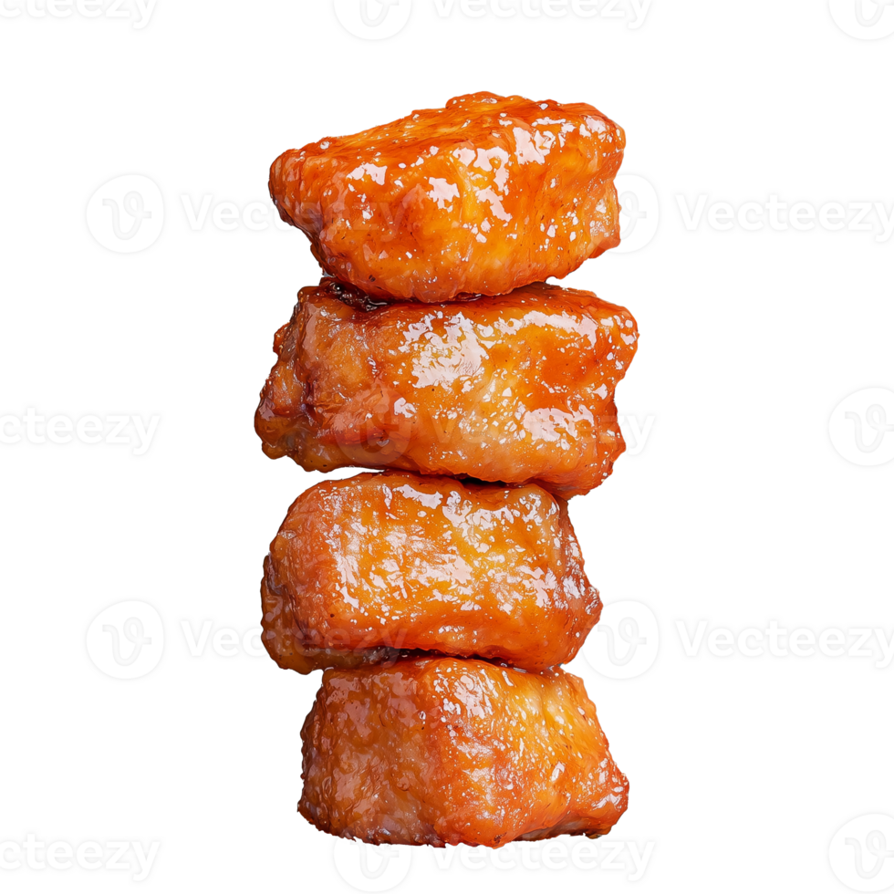 Stack of crispy chicken nuggets glazed in sauce on transparent background png