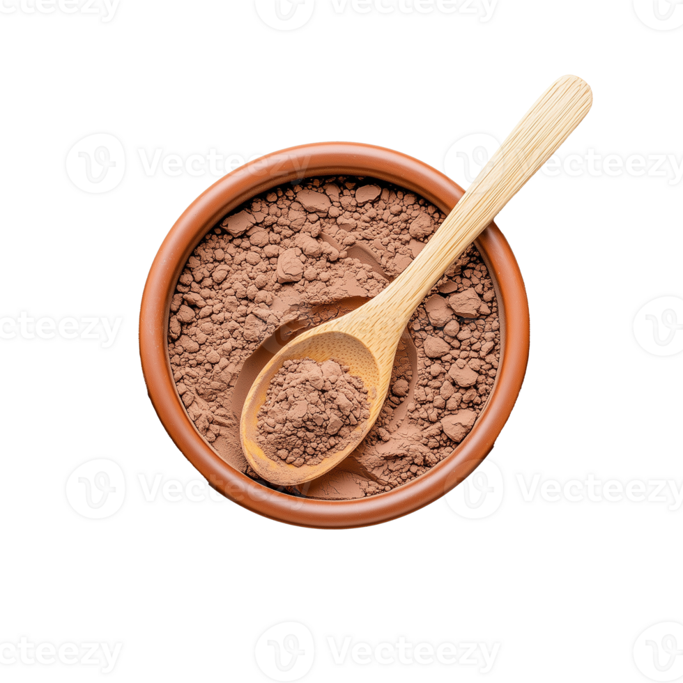 Cocoa powder in a bowl with wooden spoon on transparent background png