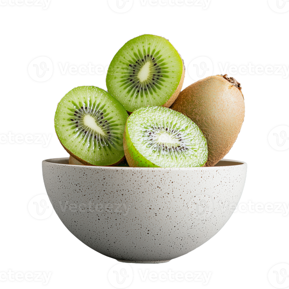 Fresh sliced kiwi fruit in a bowl on transparent background png