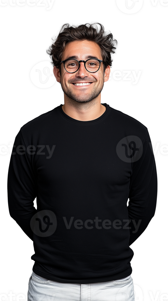 Smiling man with glasses in casual black sweater on transparent background png