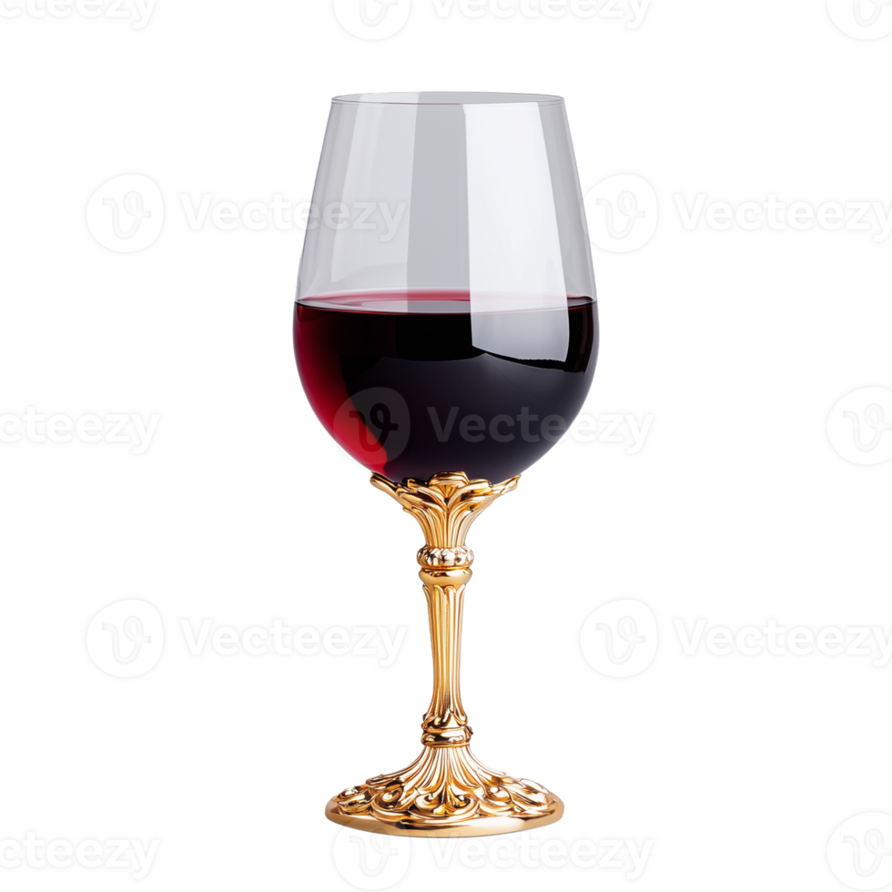 Elegant red wine glass with ornate golden stem on transparent background png