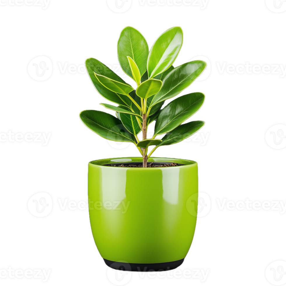 Green potted plant with glossy leaves and vibrant color on transparent background png