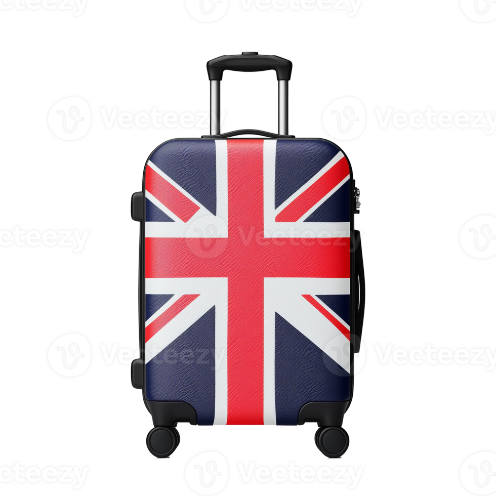 Union Jack suitcase design with wheels and handle on transparent background png
