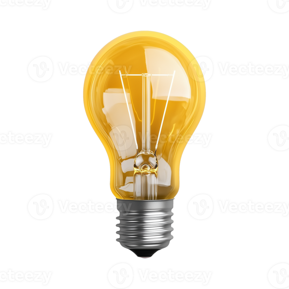 Yellow light bulb with filament glowing on transparent background png