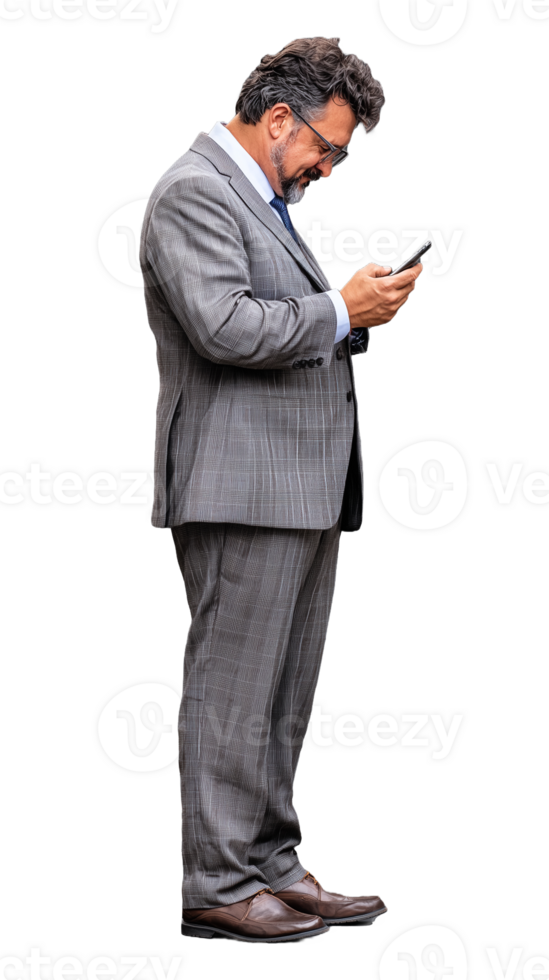Businessman using smartphone in suit on transparent background png