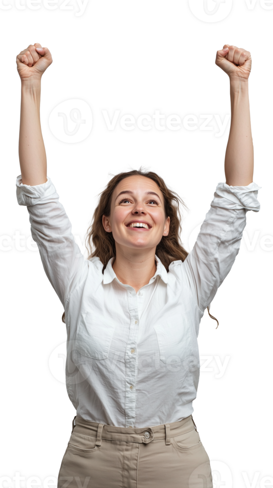 Happy woman celebrating success with raised arms on transparent background png