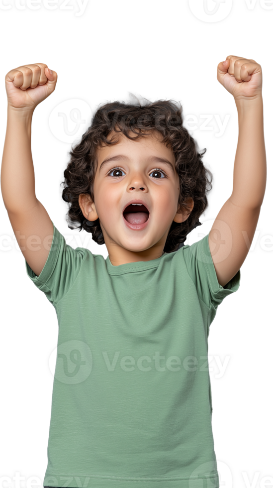 Happy child celebrating with raised arms on transparent background png