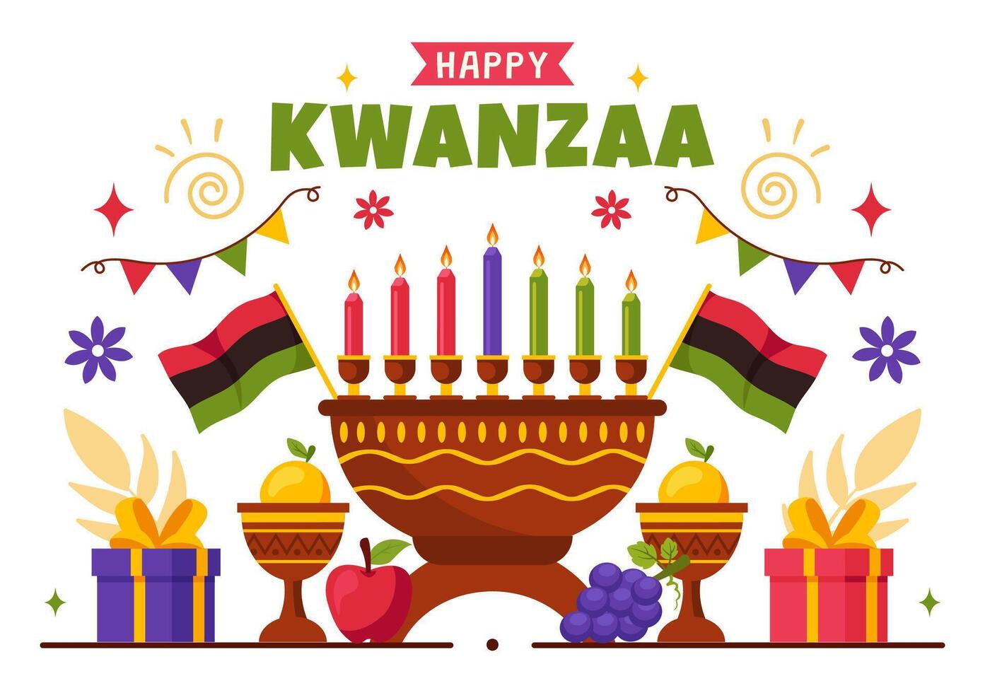 Happy Kwanzaa Celebration Design with Kinara, Candles, and African Cultural Decorations vector
