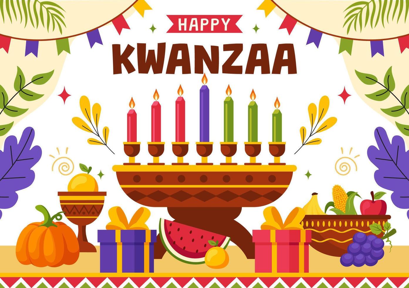 Traditional African Kwanzaa Illustration with Gifts, Mkeka, and Kinara in a Flat Style Cartoon Background vector