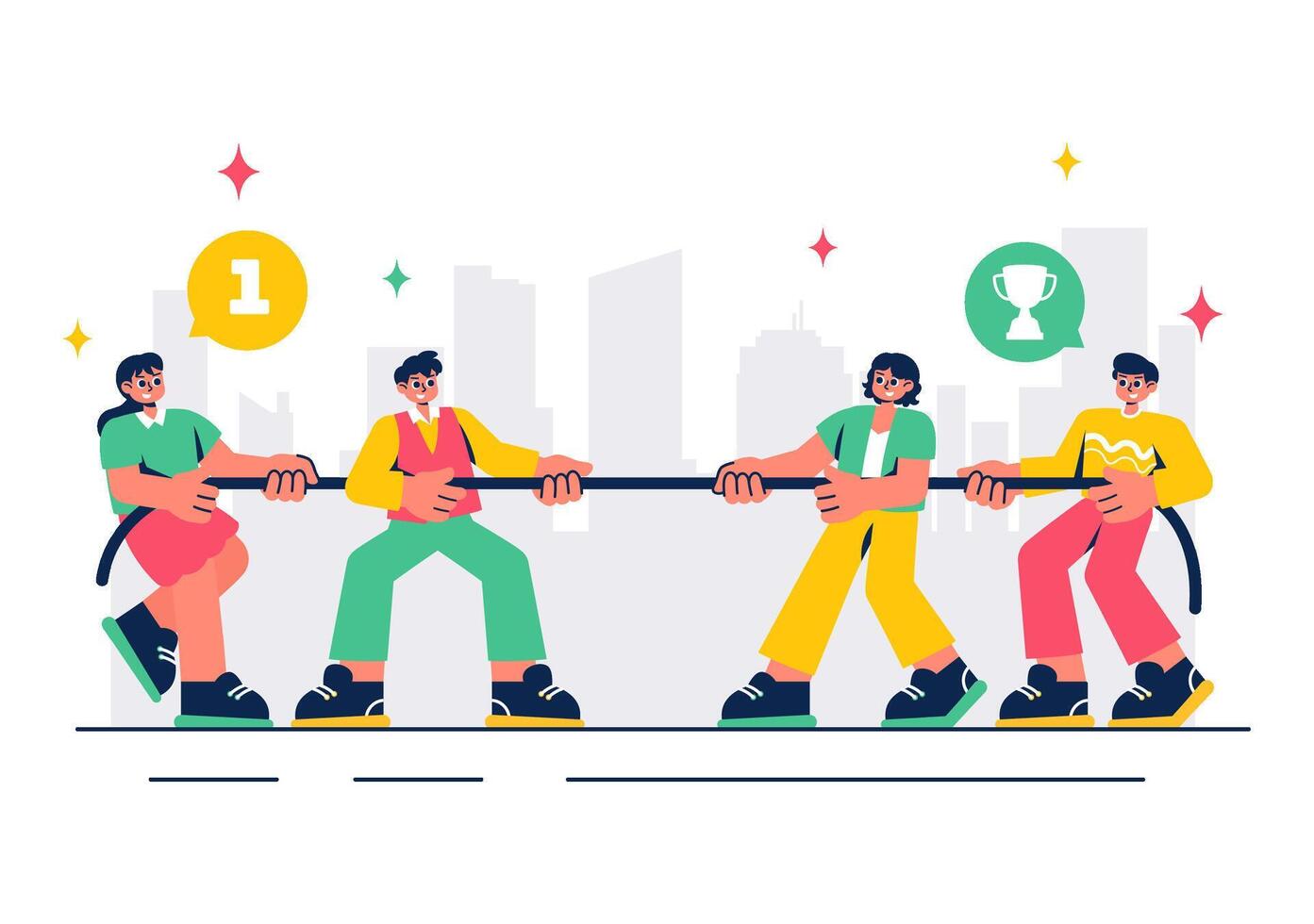 Teamwork Tug of War Illustration with Business Characters in Flat Cartoon Style vector
