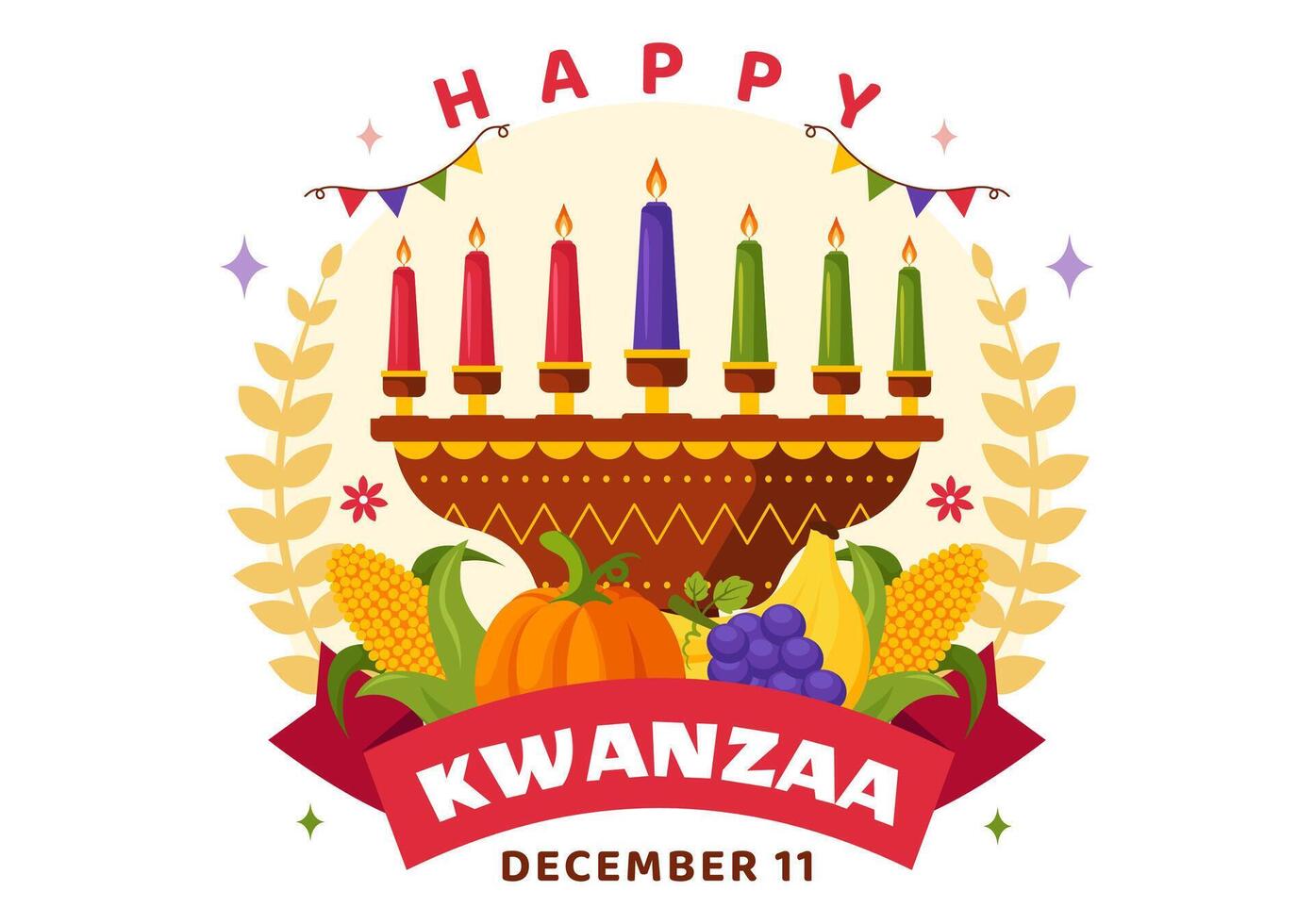 Happy Kwanzaa Flat Cartoon Illustration with African Holiday Symbols, Candles, and Festive Decorations vector