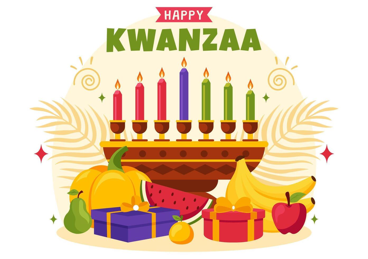 Flat Cartoon Kwanzaa Illustration Featuring Mazao, Zawadi, and Kinara for the Holiday Season vector