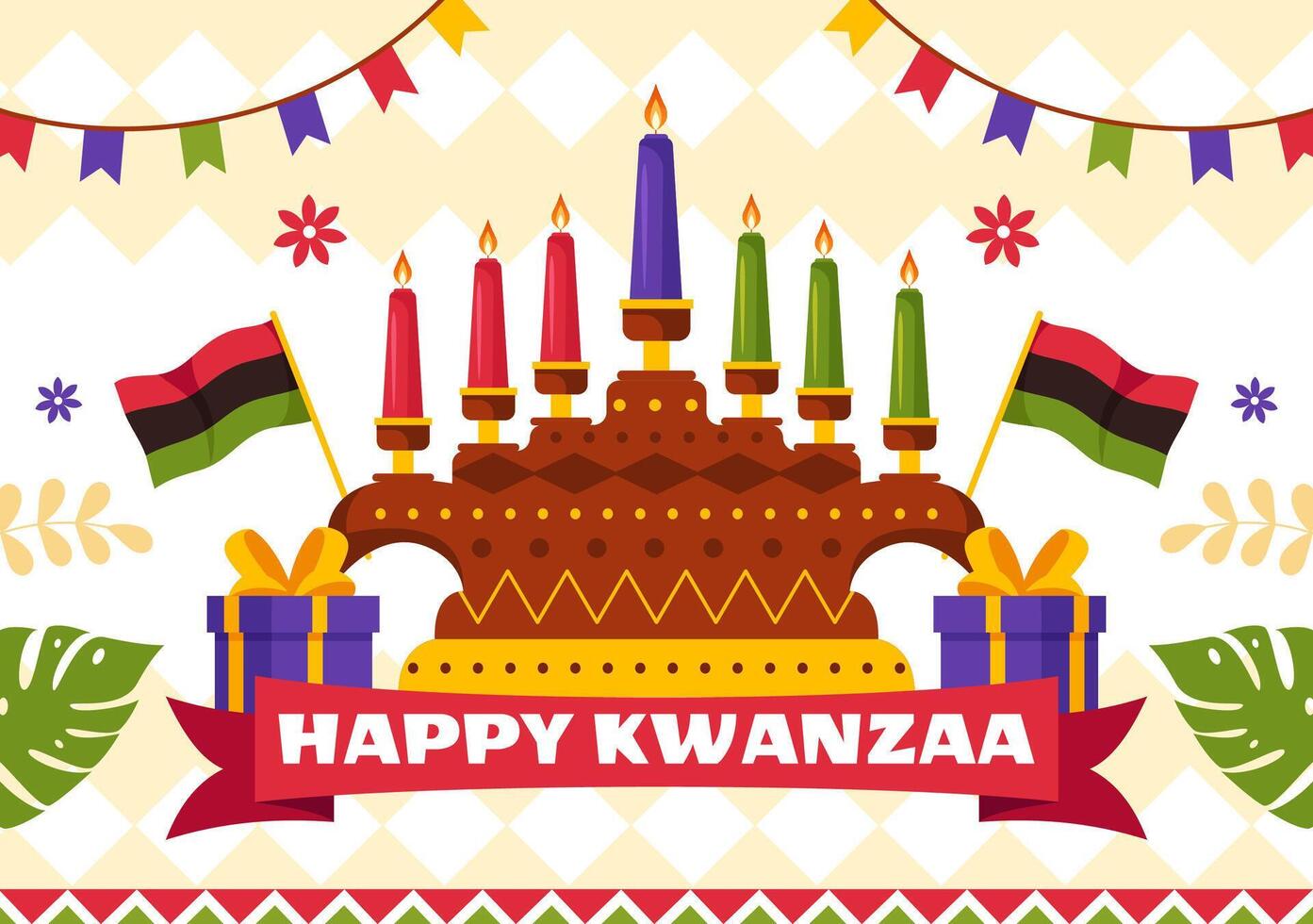 Festive Kwanzaa Celebration Illustration with Kinara, Mkeka, and African Decorations in Flat Style vector
