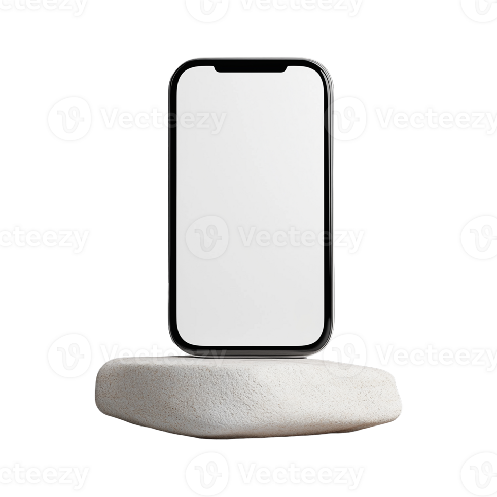 Modern smartphone displayed on stone pedestal on transparent background png
