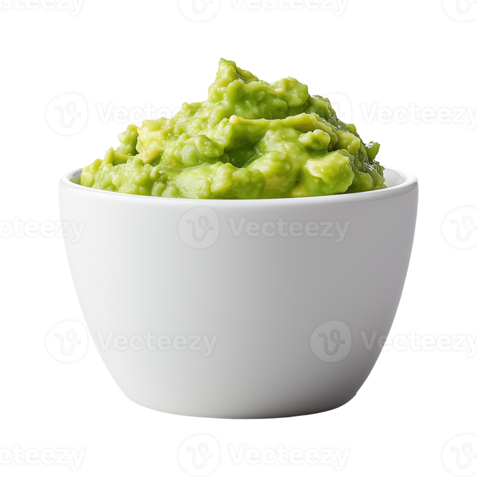 Fresh guacamole in white bowl on transparent background png