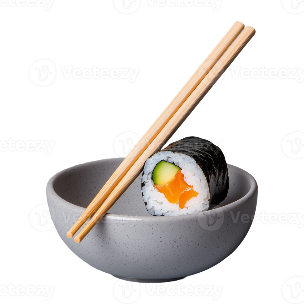 Sushi roll with chopsticks in ceramic bowl on transparent background png