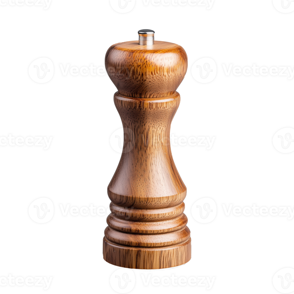 Wooden pepper mill grinder standing upright on transparent background png