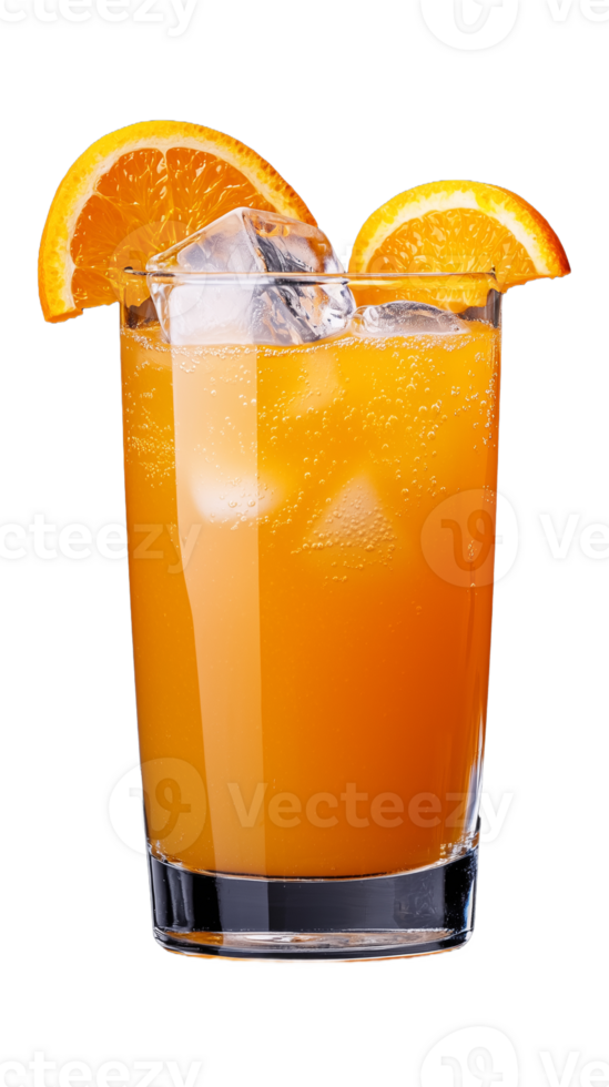 Refreshing orange juice with ice and orange slices on transparent background png