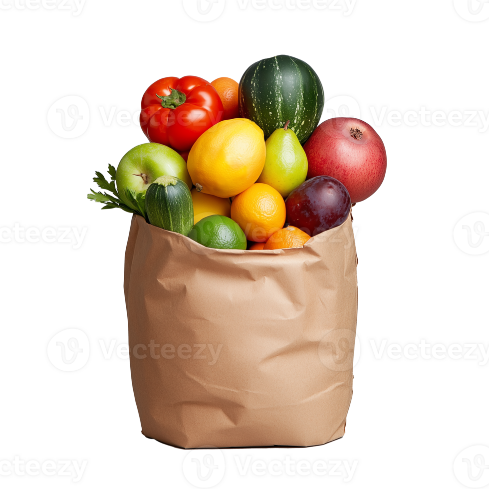 Assorted fresh fruits and vegetables in paper bag png