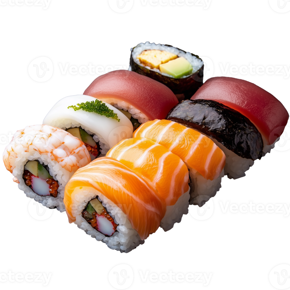 Assorted sushi rolls with fresh ingredients on transparent background png