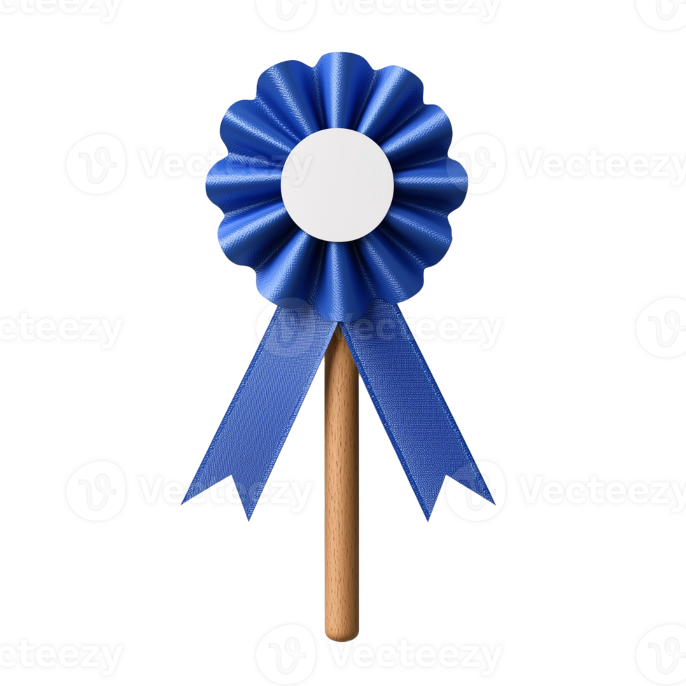 Blue award ribbon with wooden stick on transparent background png