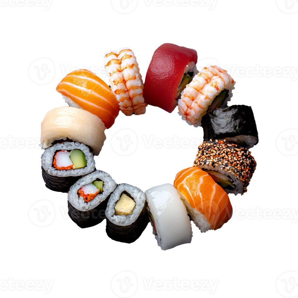 Assorted sushi rolls forming a circle on transparent background png