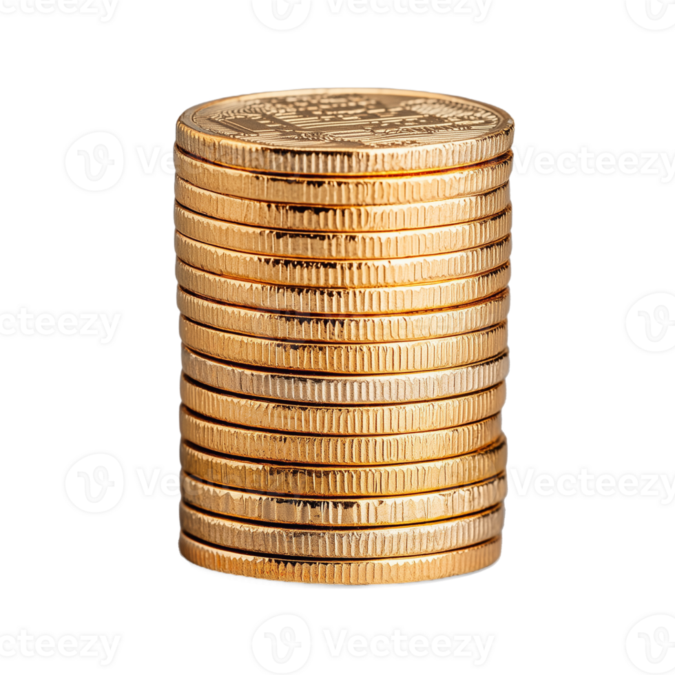 Stack of shiny gold coins arranged vertically on transparent background png